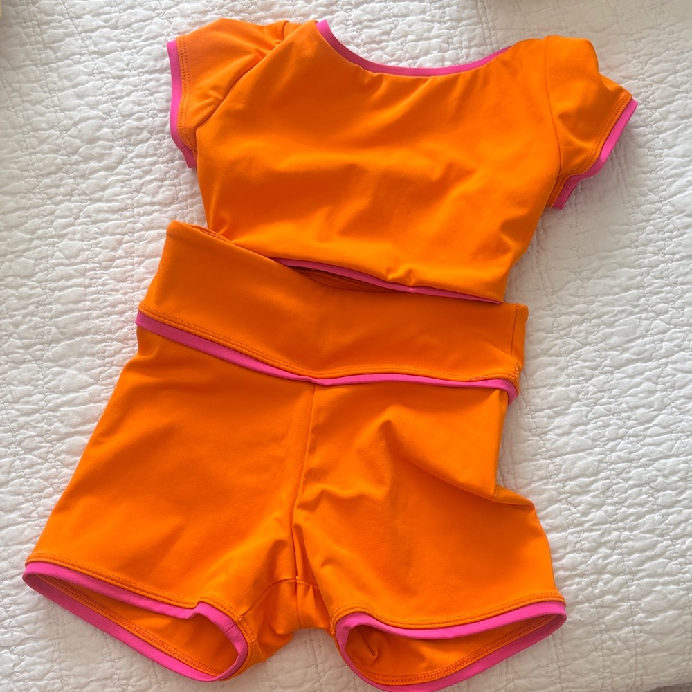 Neon Orange Two-Piece Dance Set with Pink Trim
